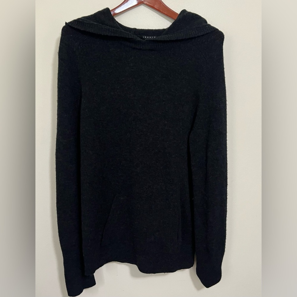 Theory charcoal hoodie sweater, size medium, wool blend.